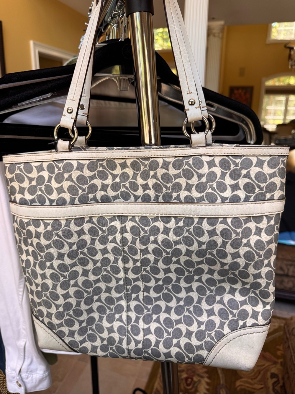 Coach Signature Tote with Pink and Chalk Center Stripe